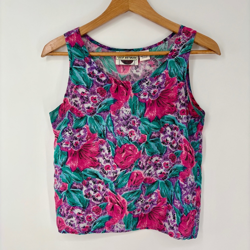 Vintage Silk Network 100% Silk Floral Tank Women’s Small Artsy 90s Lightweight